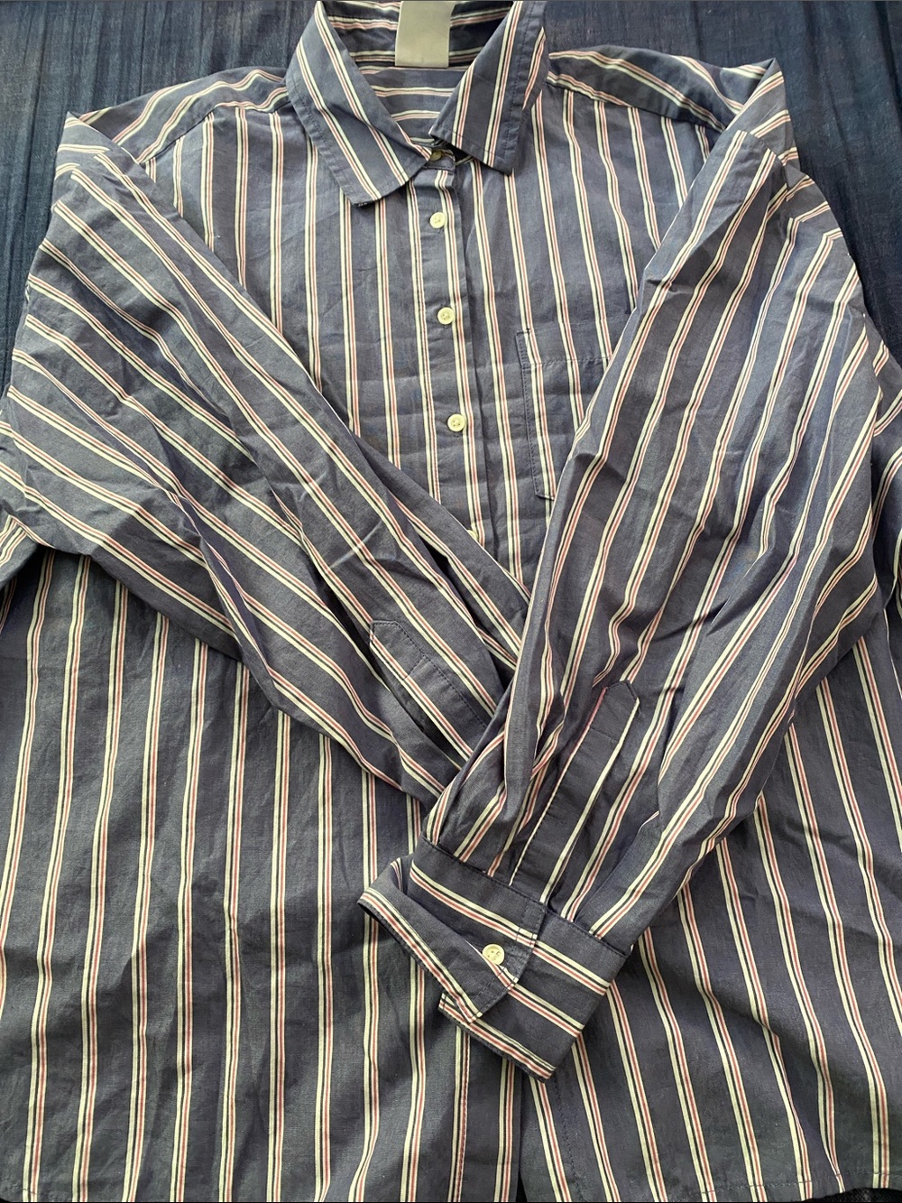 GAP Navy Button-Down Shirt with Cream & Tan Stripes